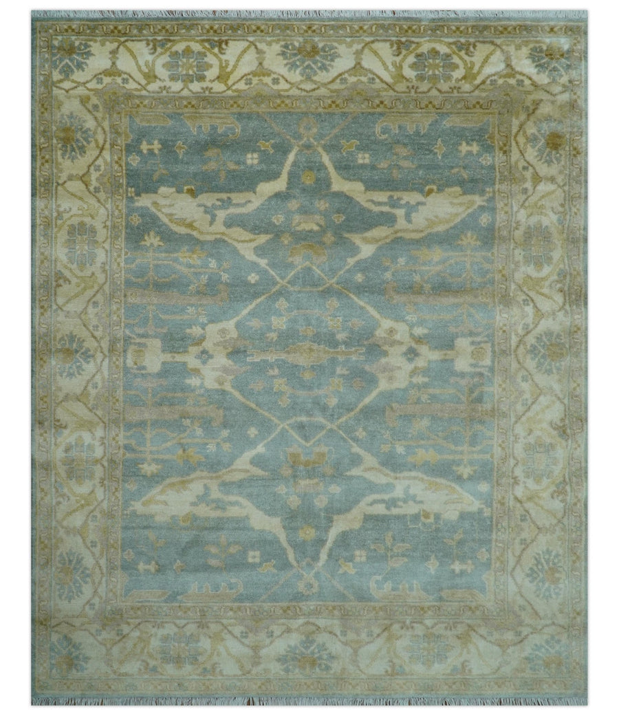 Traditional Oushak Design Blue And Beige Hand Knotted 8x10 Wool Area Rug - The Rug Decor