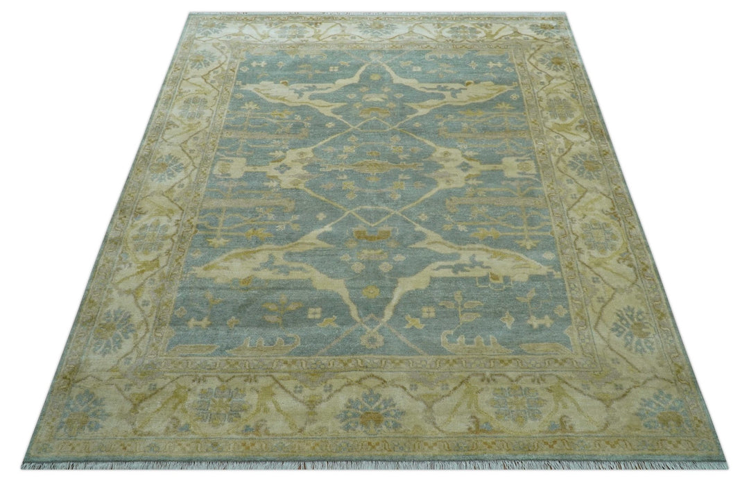 Traditional Oushak Design Blue And Beige Hand Knotted 8x10 Wool Area Rug - The Rug Decor