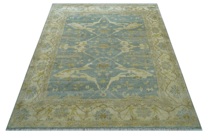 Traditional Oushak Design Blue And Beige Hand Knotted 8x10 Wool Area Rug - The Rug Decor