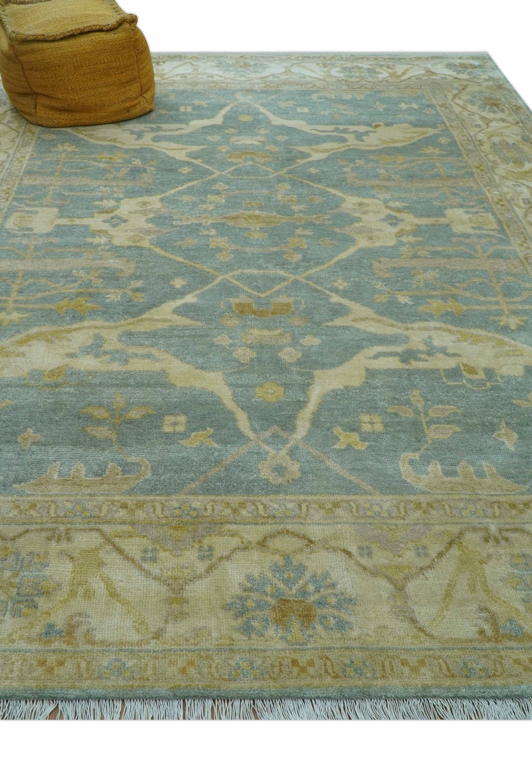 Traditional Oushak Design Blue And Beige Hand Knotted 8x10 Wool Area Rug - The Rug Decor