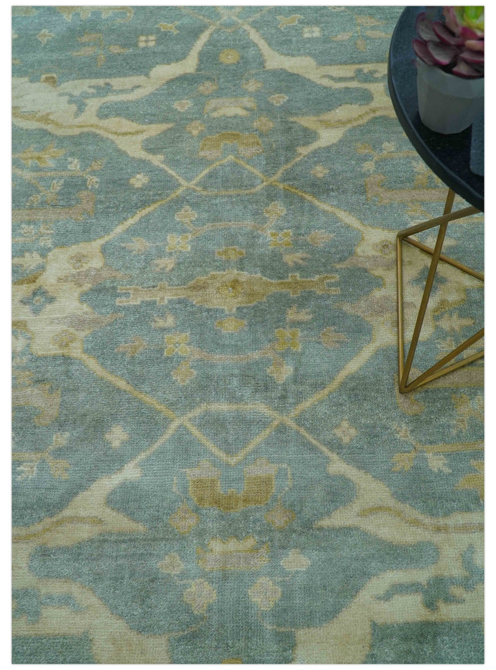 Traditional Oushak Design Blue And Beige Hand Knotted 8x10 Wool Area Rug - The Rug Decor