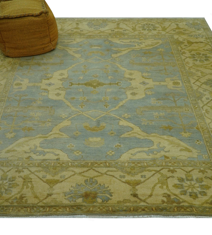 Traditional Oushak Design Blue And Beige hand Knotted 8x8 Wool Area Rug - The Rug Decor