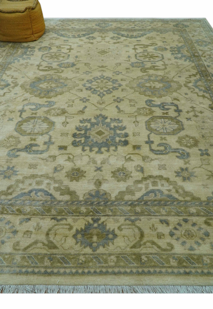 Traditional Oushak Design Blue And Beige Hand Knotted 9x12 Wool Area Rug - The Rug Decor