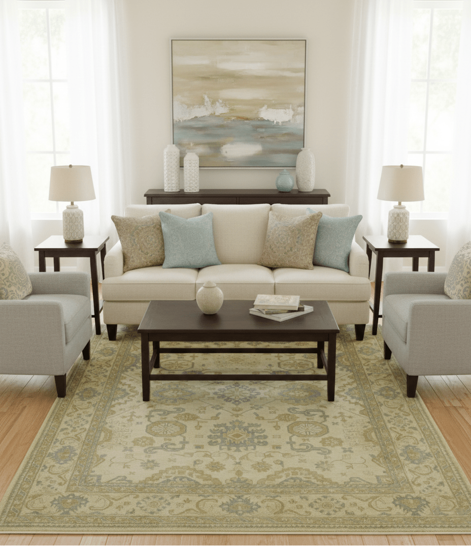 Traditional Oushak Design Blue And Beige Hand Knotted 9x12 Wool Area Rug - The Rug Decor