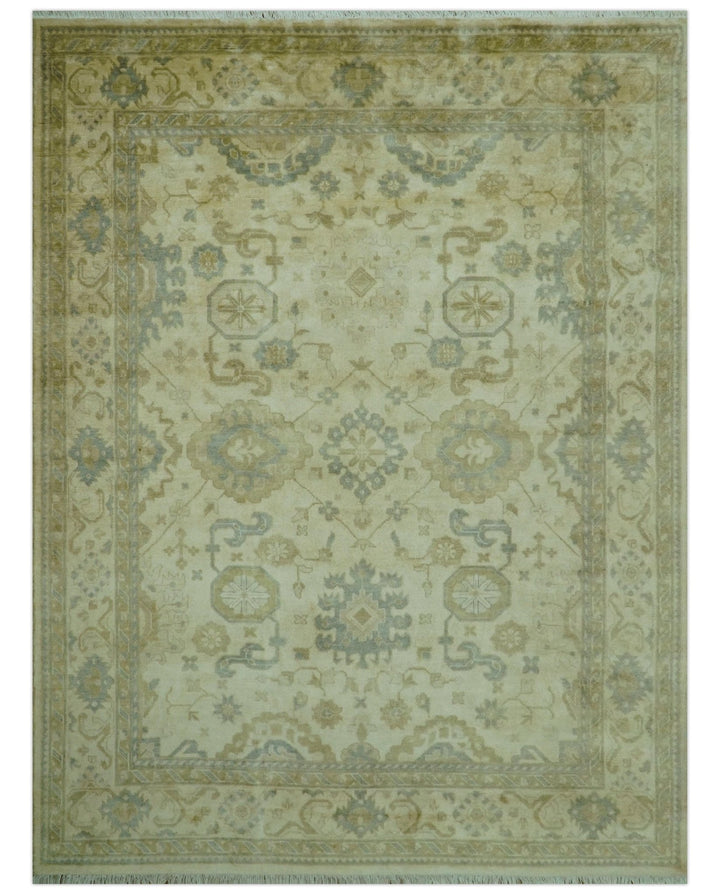 Traditional Oushak Design Blue And Beige Hand Knotted 9x12 Wool Area Rug - The Rug Decor