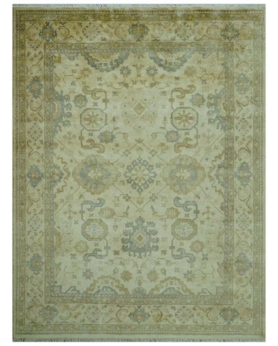 Traditional Oushak Design Blue And Beige Hand Knotted 9x12 Wool Area Rug - The Rug Decor