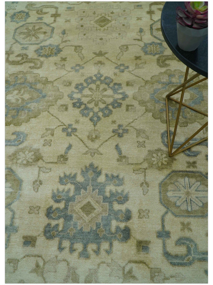 Traditional Oushak Design Blue And Beige Hand Knotted 9x12 Wool Area Rug - The Rug Decor