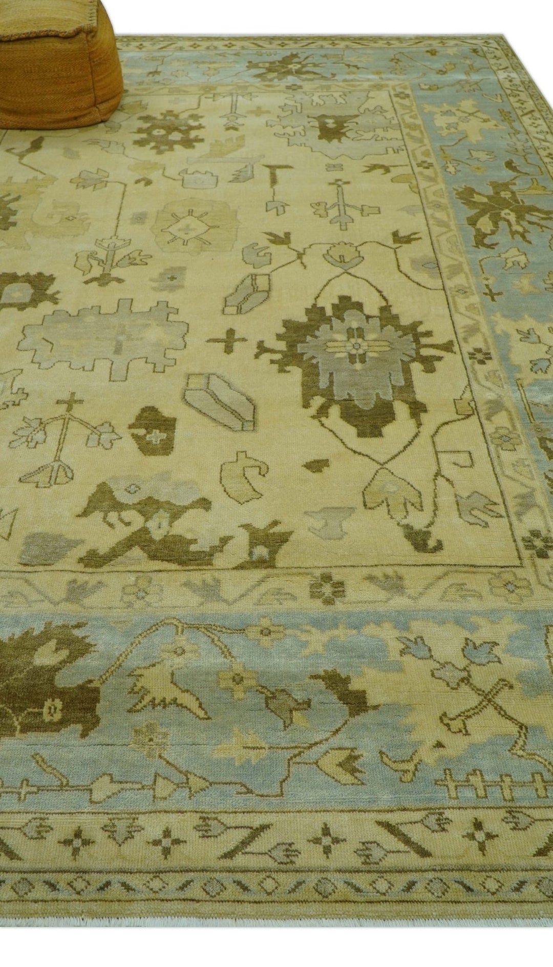 Traditional Oushak Design Blue And Beige Hand Knotted 9x13 Wool Area Rug - The Rug Decor