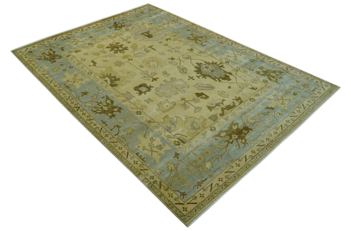 Traditional Oushak Design Blue And Beige Hand Knotted 9x13 Wool Area Rug - The Rug Decor