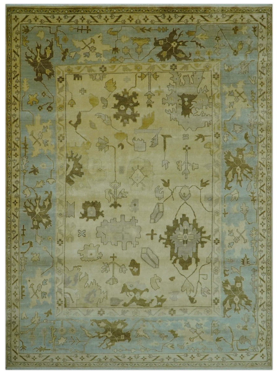 Traditional Oushak Design Blue And Beige Hand Knotted 9x13 Wool Area Rug - The Rug Decor