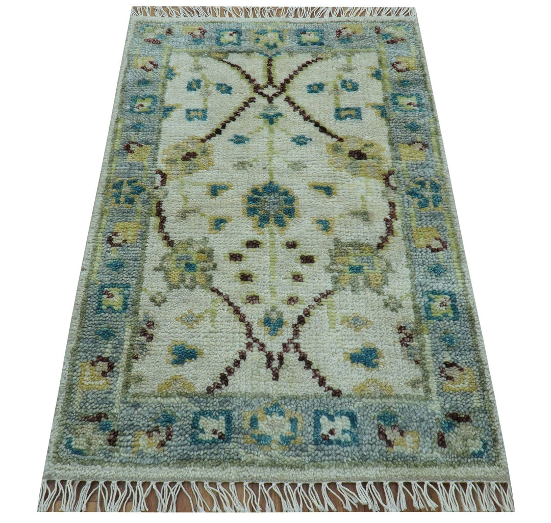 Traditional Oushak Design Blue And Ivory 2x3 Hand knotted Wool Area Rug - The Rug Decor