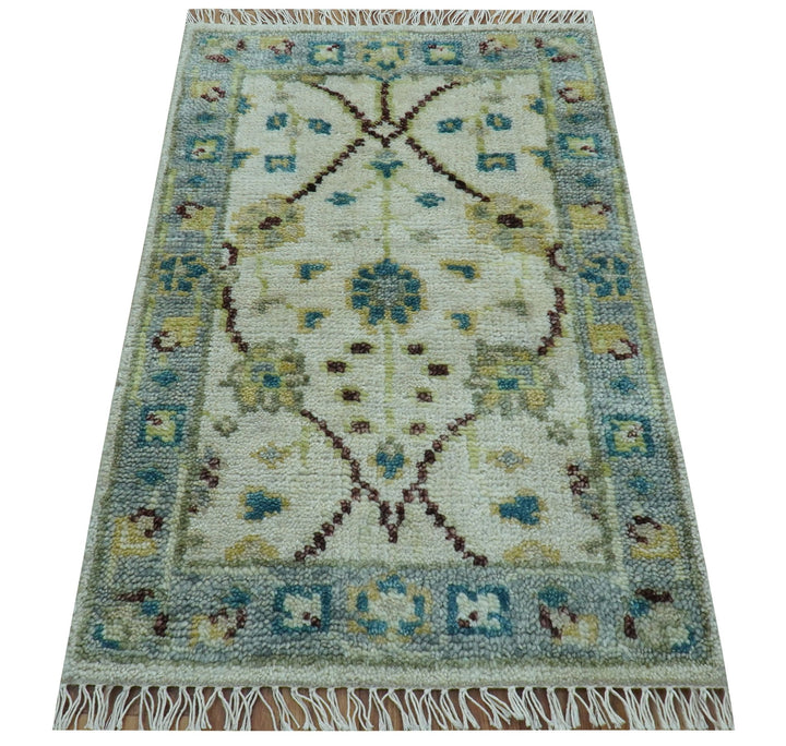 Traditional Oushak Design Blue And Ivory 2x3 Hand knotted Wool Area Rug - The Rug Decor