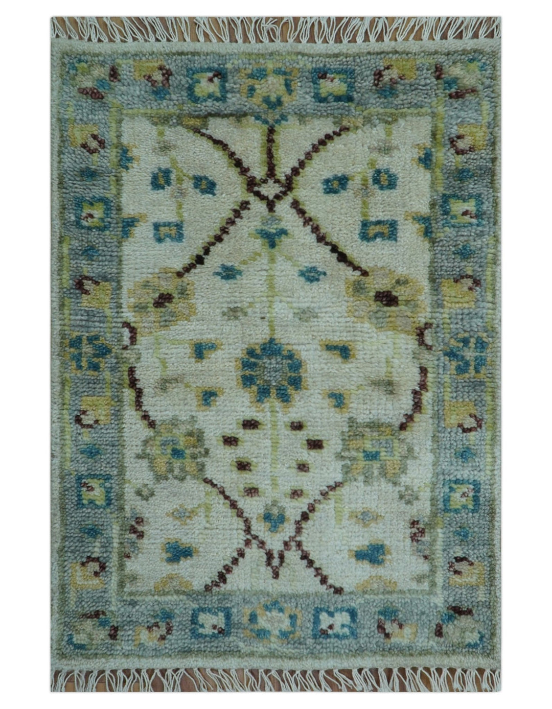Traditional Oushak Design Blue And Ivory 2x3 Hand knotted Wool Area Rug - The Rug Decor
