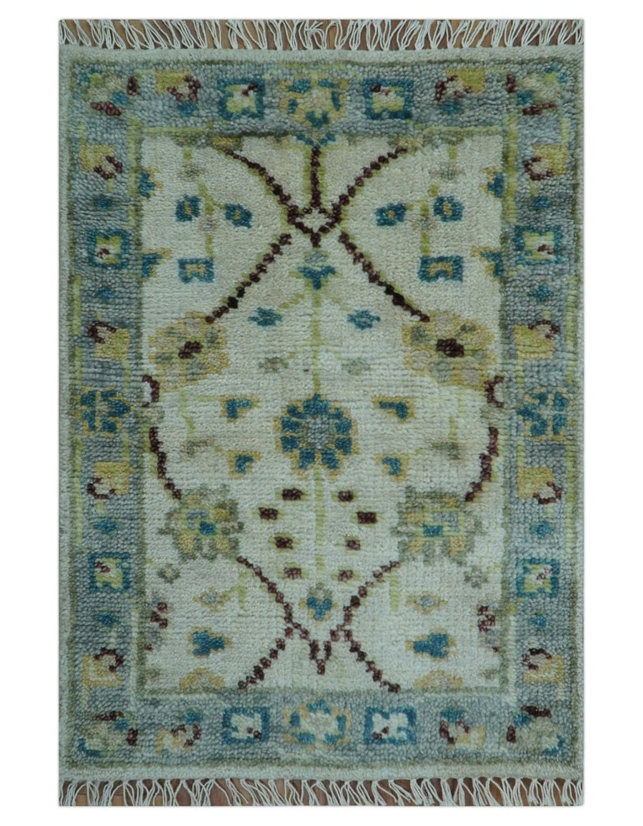 Traditional Oushak Design Blue And Ivory 2x3 Hand knotted Wool Area Rug - The Rug Decor