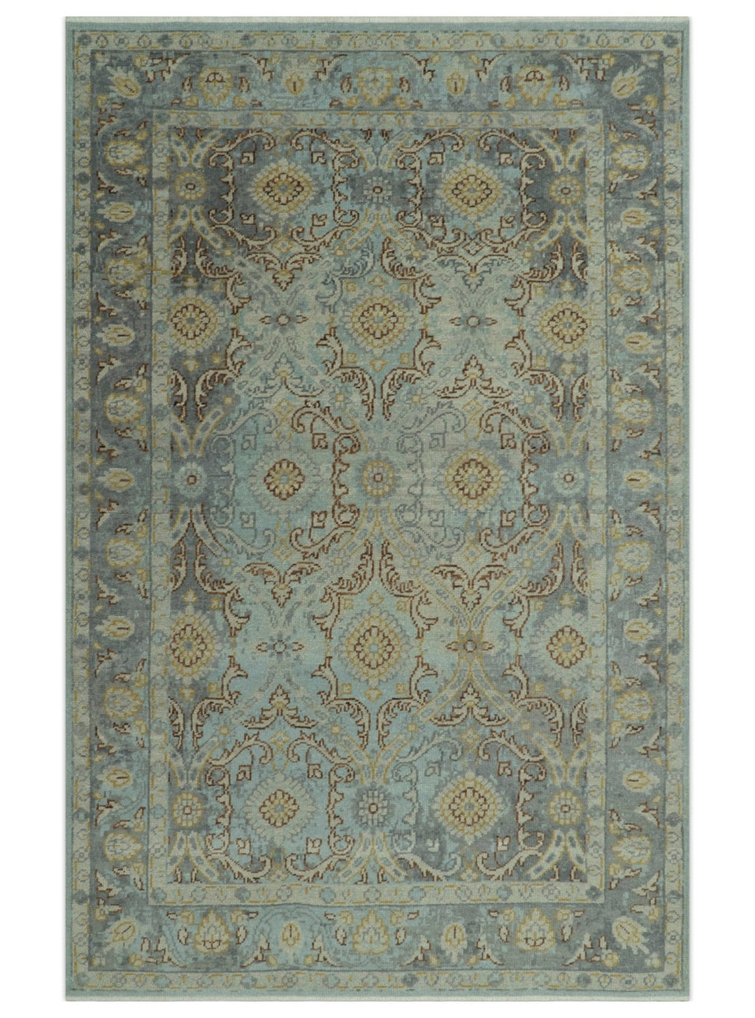 Traditional Oushak Design Blue, Brown And Gray 6X9 Hand Knotted wool rug - The Rug Decor