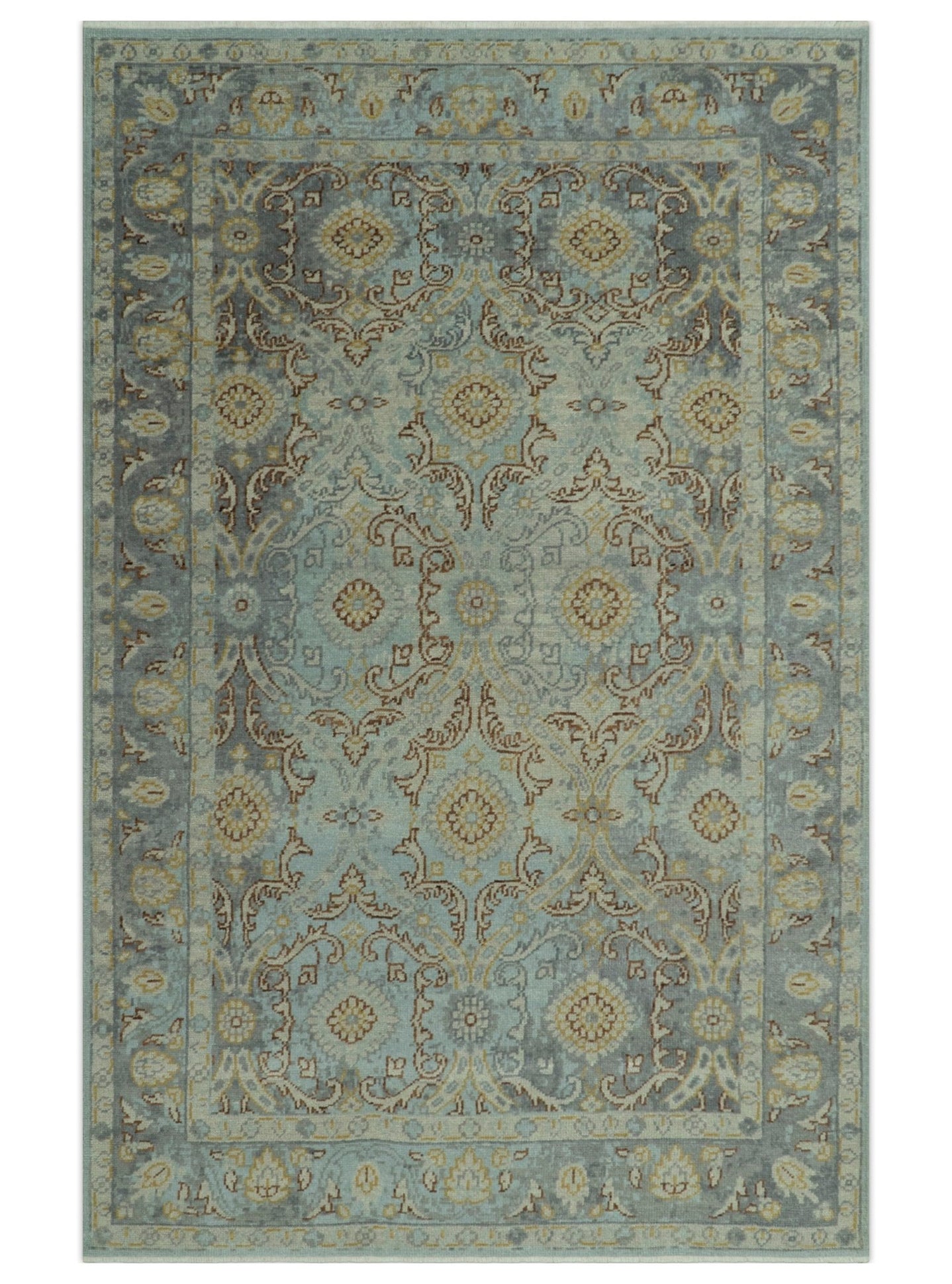 Traditional Oushak Design Blue, Brown And Gray 6X9 Hand Knotted wool rug - The Rug Decor