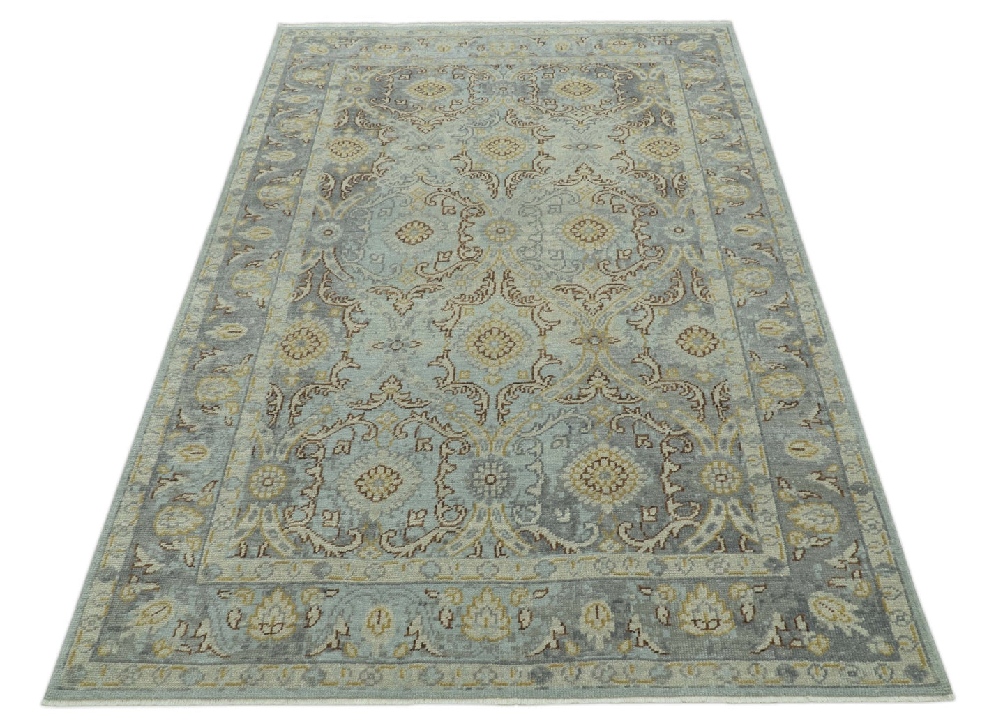 Traditional Oushak Design Blue, Brown And Gray 6X9 Hand Knotted wool rug - The Rug Decor