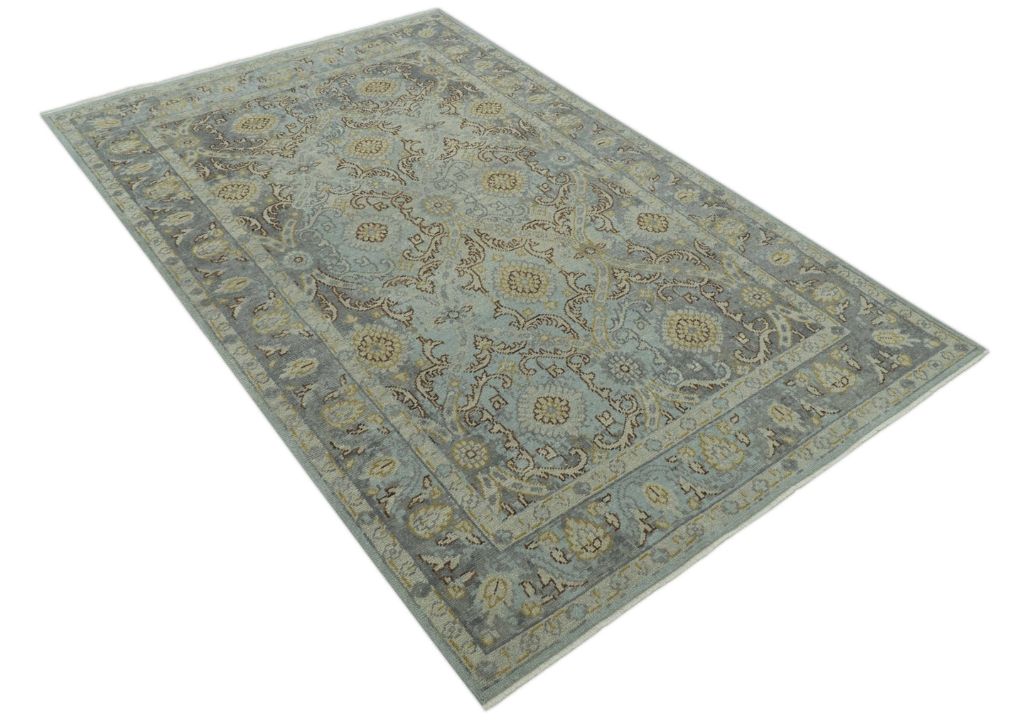 Traditional Oushak Design Blue, Brown And Gray 6X9 Hand Knotted wool rug - The Rug Decor
