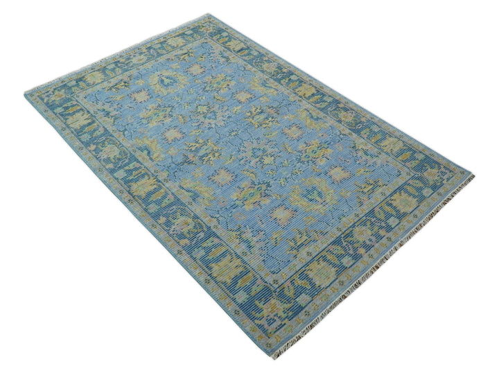 Traditional Oushak Design Blue Hand knotted 6x9 Wool Area Rug - The Rug Decor
