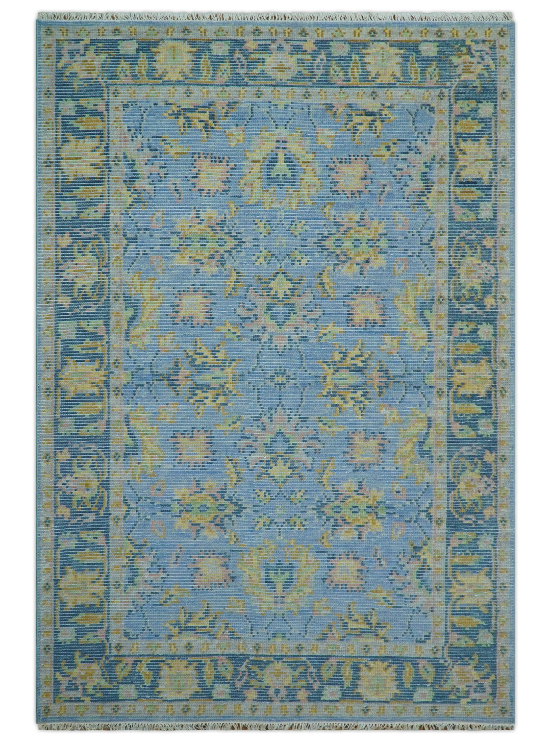 Traditional Oushak Design Blue Hand knotted 6x9 Wool Area Rug - The Rug Decor