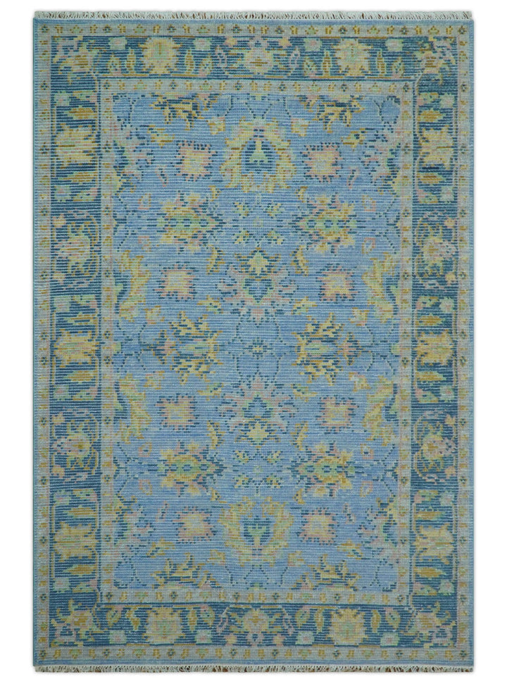 Traditional Oushak Design Blue Hand knotted 6x9 Wool Area Rug - The Rug Decor