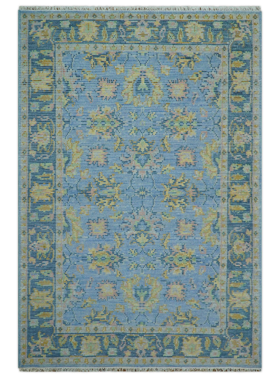 Traditional Oushak Design Blue Hand knotted 6x9 Wool Area Rug - The Rug Decor