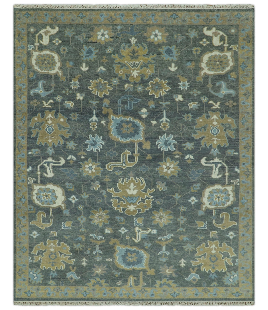 Traditional Oushak Design Charcoal And Camel Hand Knotted Custom Made Wool rug - The Rug Decor