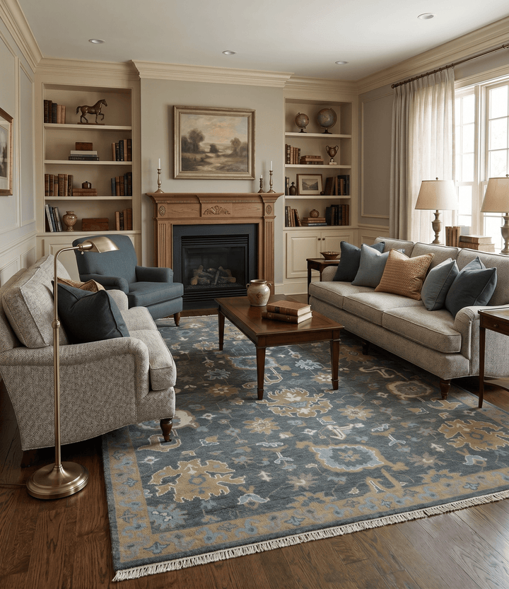 Traditional Oushak Design Charcoal And Camel Hand Knotted Custom Made Wool rug - The Rug Decor
