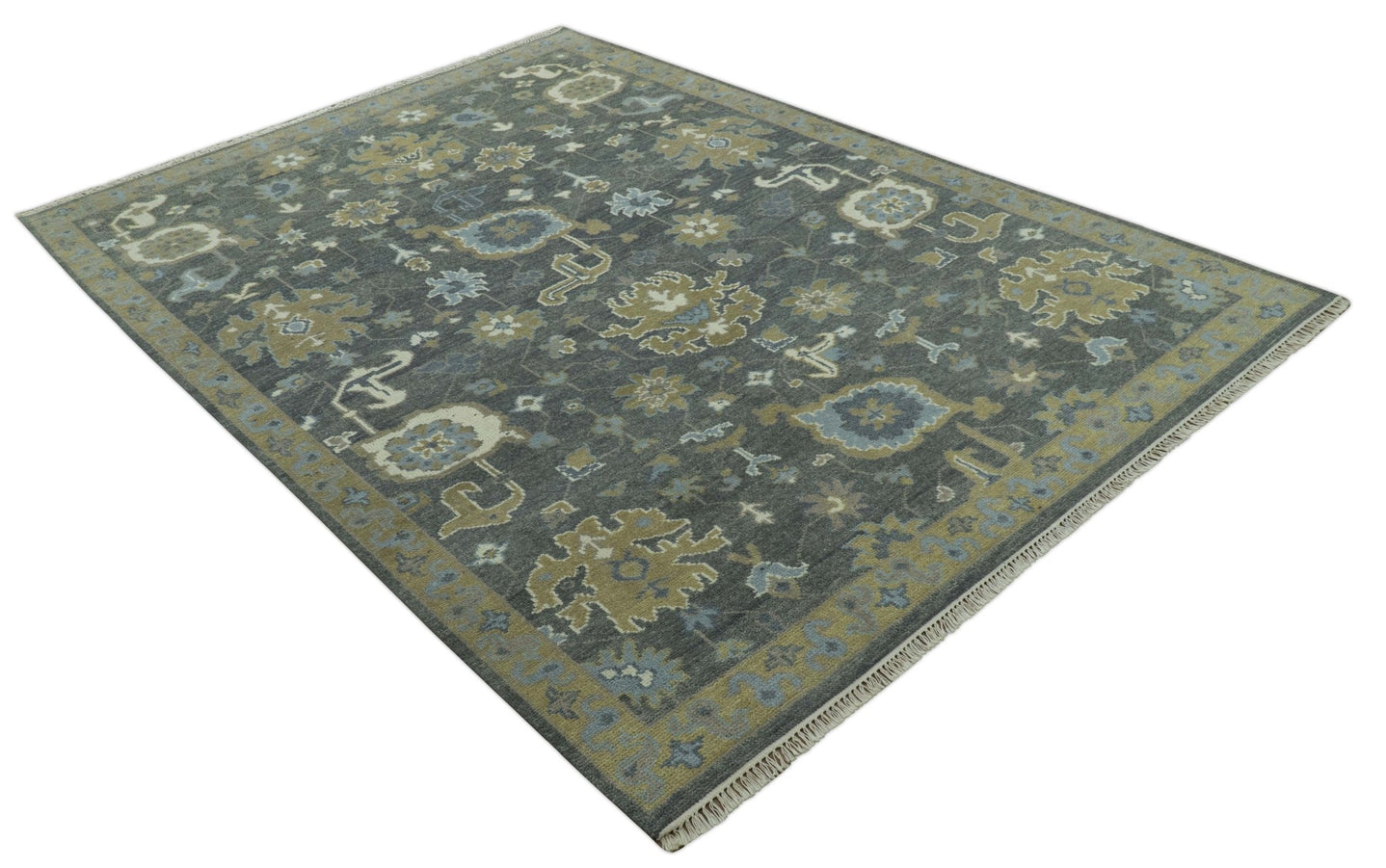 Traditional Oushak Design Charcoal And Camel Hand Knotted Custom Made Wool rug - The Rug Decor