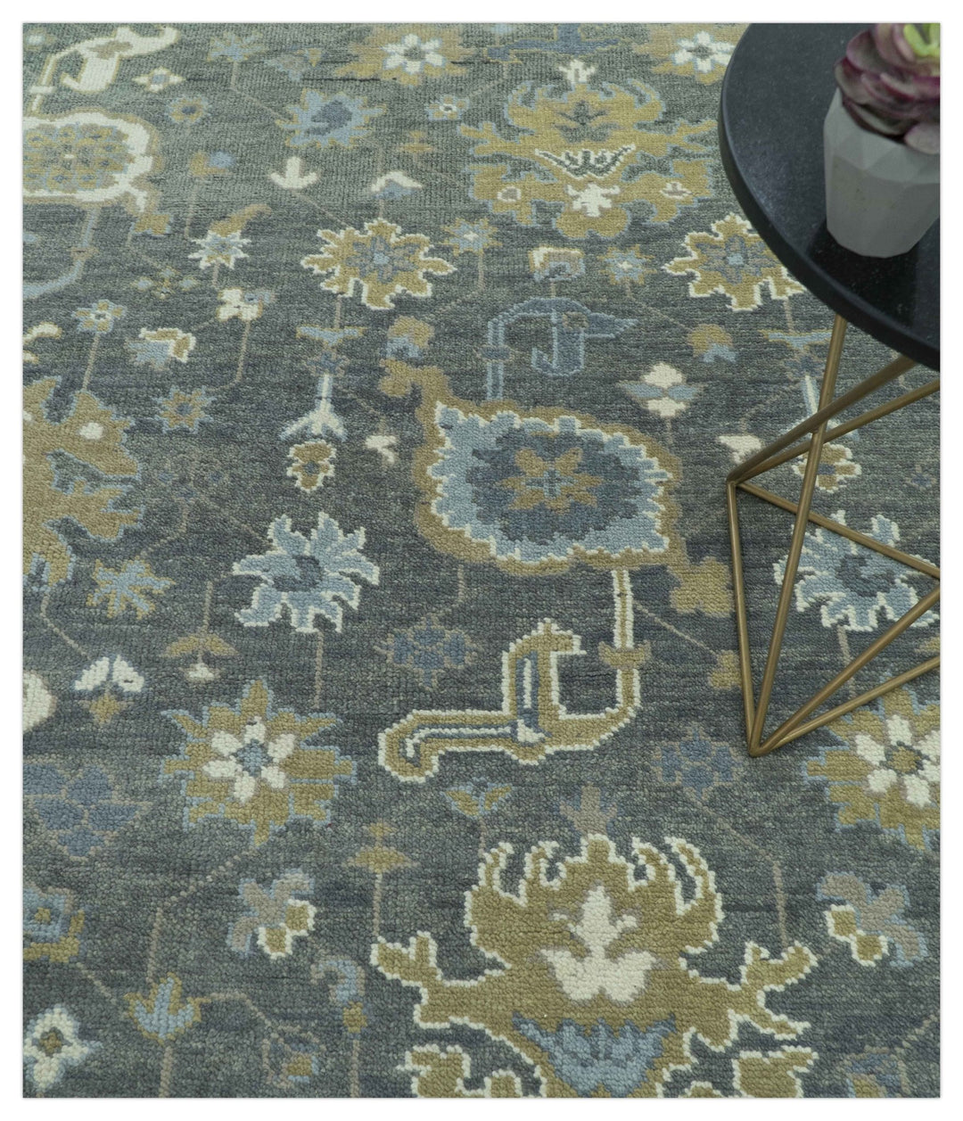 Traditional Oushak Design Charcoal And Camel Hand Knotted Custom Made Wool rug - The Rug Decor