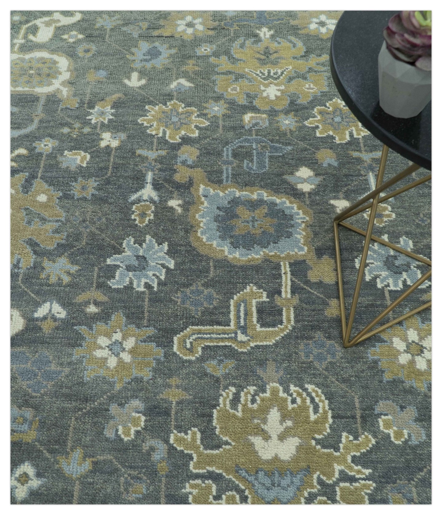 Traditional Oushak Design Charcoal And Camel Hand Knotted Custom Made Wool rug - The Rug Decor