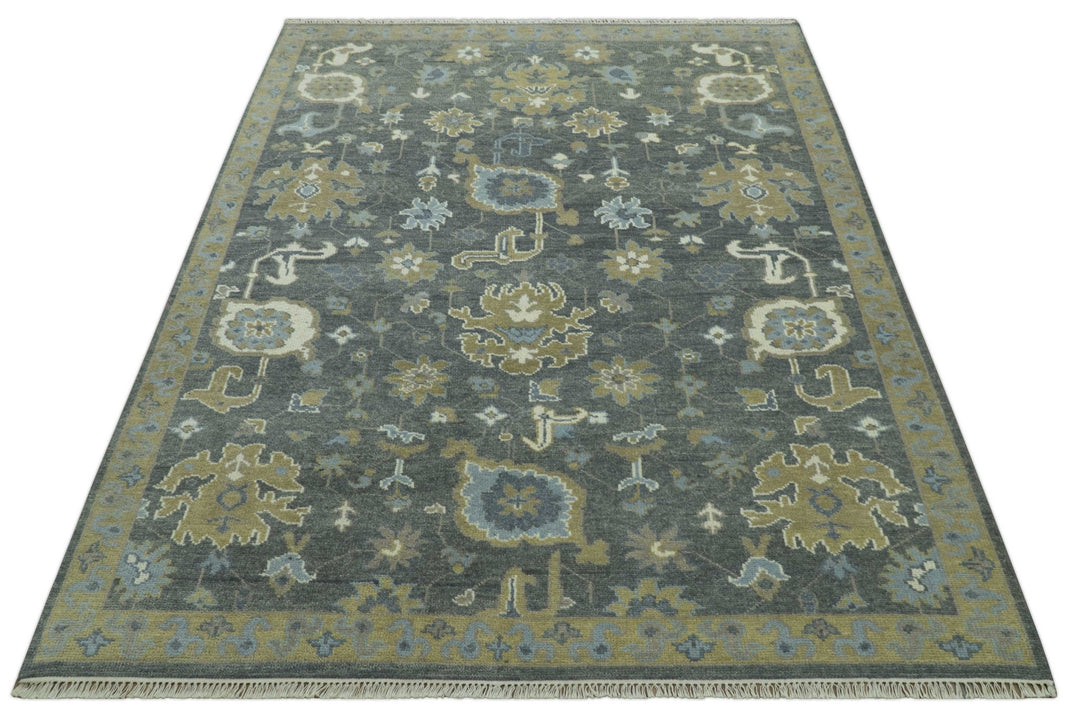 Traditional Oushak Design Charcoal And Camel Hand Knotted Custom Made Wool rug - The Rug Decor