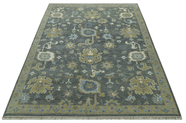 Traditional Oushak Design Charcoal And Camel Hand Knotted Custom Made Wool rug - The Rug Decor