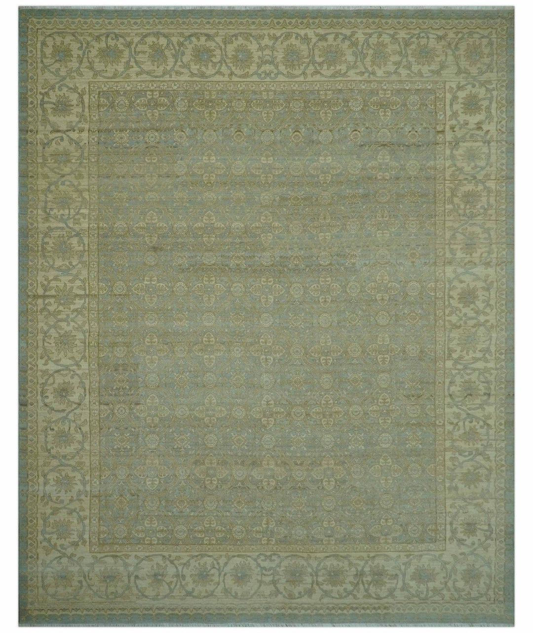 Traditional Oushak Design Green And Blue 11.5x14.6 Hand Knotted Wool Area Rug - The Rug Decor