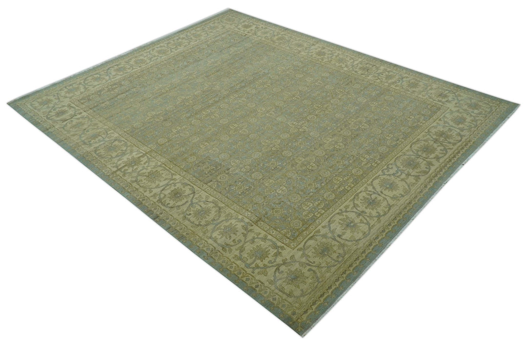 Traditional Oushak Design Green And Blue 11.5x14.6 Hand Knotted Wool Area Rug - The Rug Decor