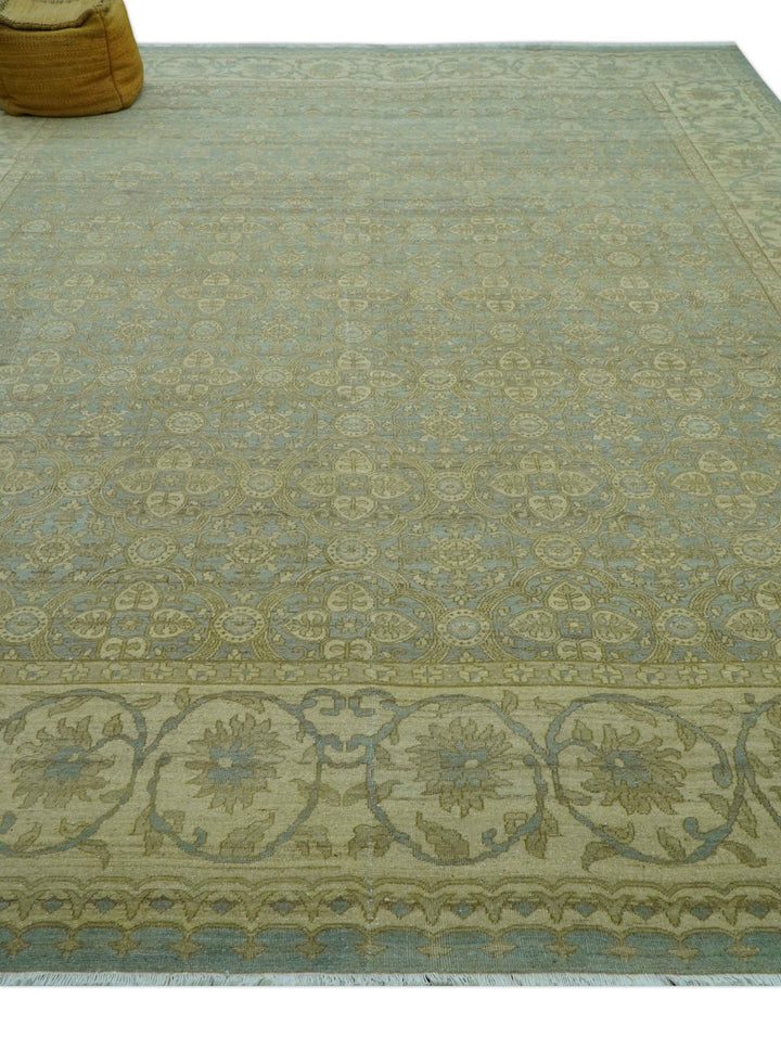 Traditional Oushak Design Green And Blue 11.5x14.6 Hand Knotted Wool Area Rug - The Rug Decor