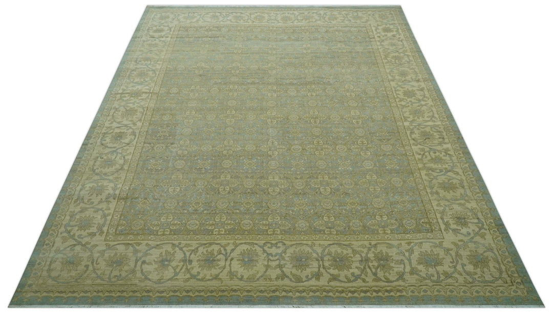 Traditional Oushak Design Green And Blue 11.5x14.6 Hand Knotted Wool Area Rug - The Rug Decor