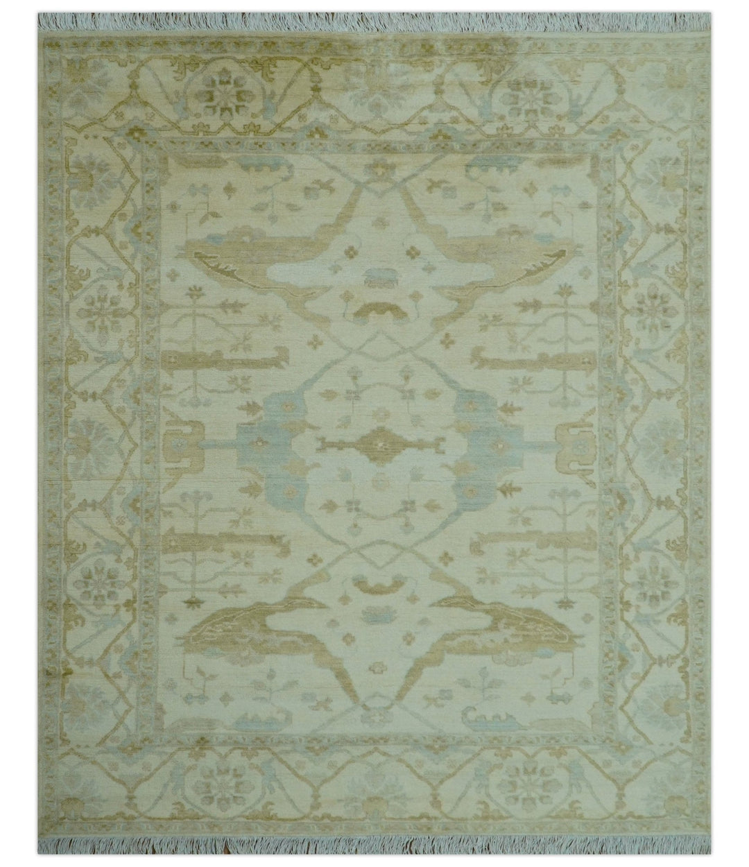 Traditional Oushak Design Ivory And Brown Hand Knotted 8x10 Wool Area Rug - The Rug Decor