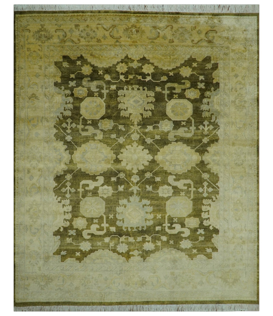 Traditional Oushak Design Olive And Beige Hand Knotted 8x10 Wool Area Rug - The Rug Decor