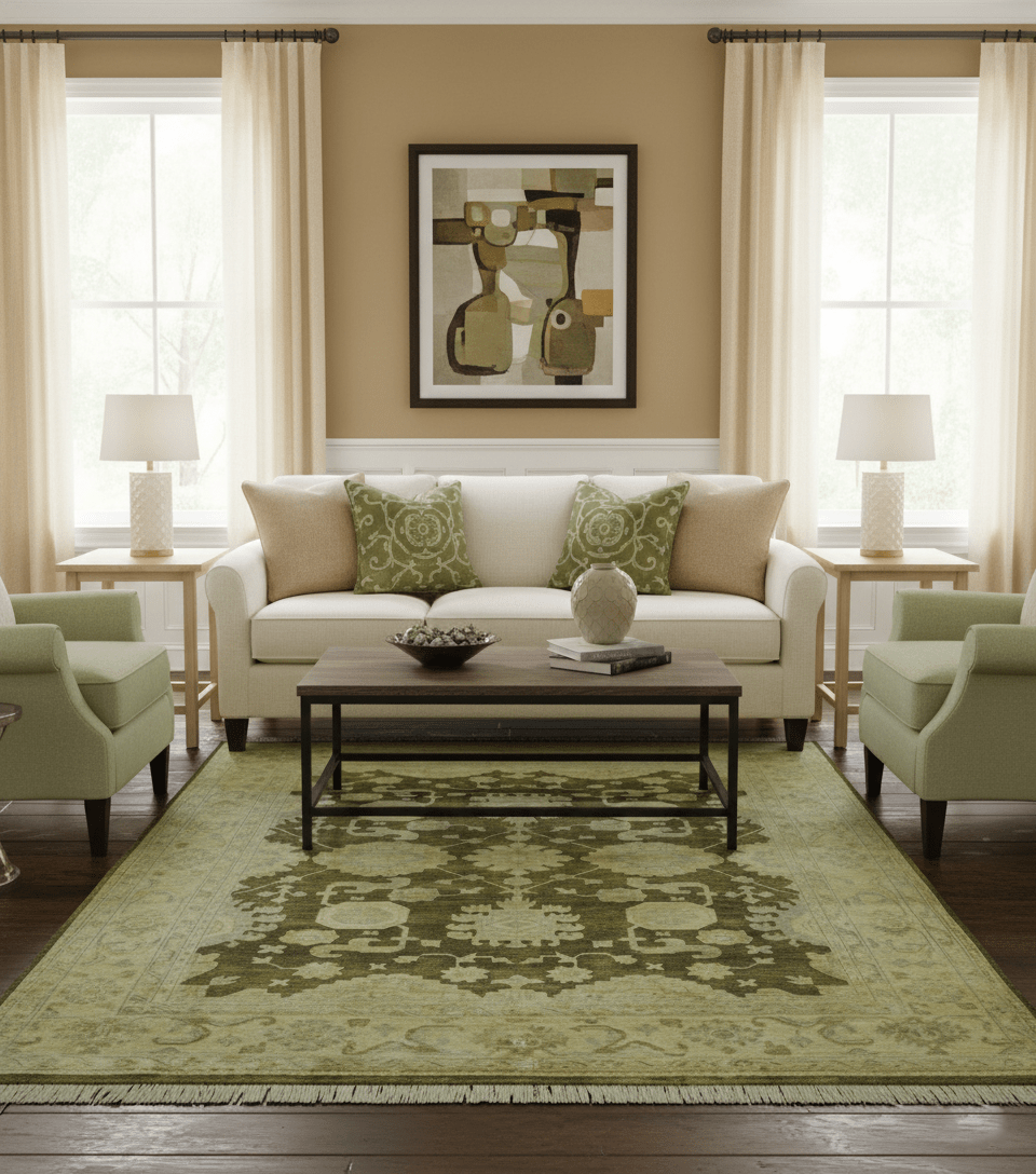 Traditional Oushak Design Olive And Beige Hand Knotted 8x10 Wool Area Rug - The Rug Decor