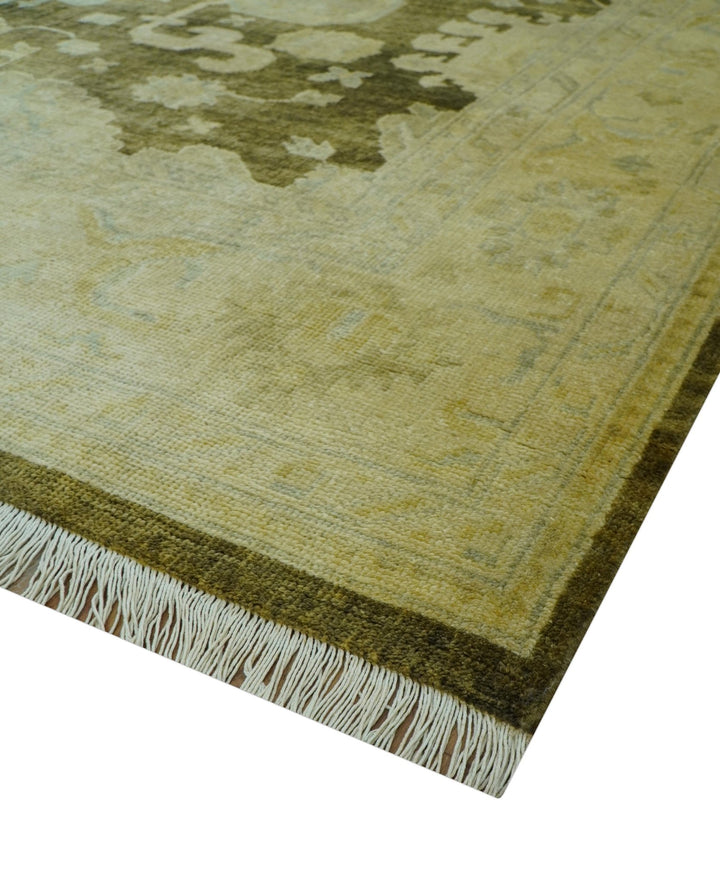 Traditional Oushak Design Olive And Beige Hand Knotted 8x10 Wool Area Rug - The Rug Decor