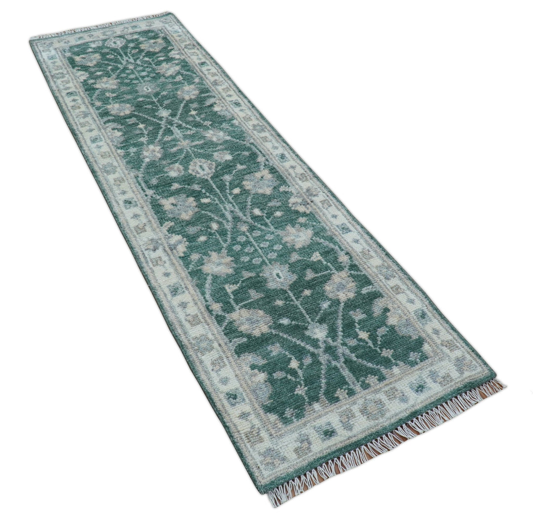 Traditional Oushak Design Teal 2.6x8.6 Hand Knotted Wool Rug - The Rug Decor