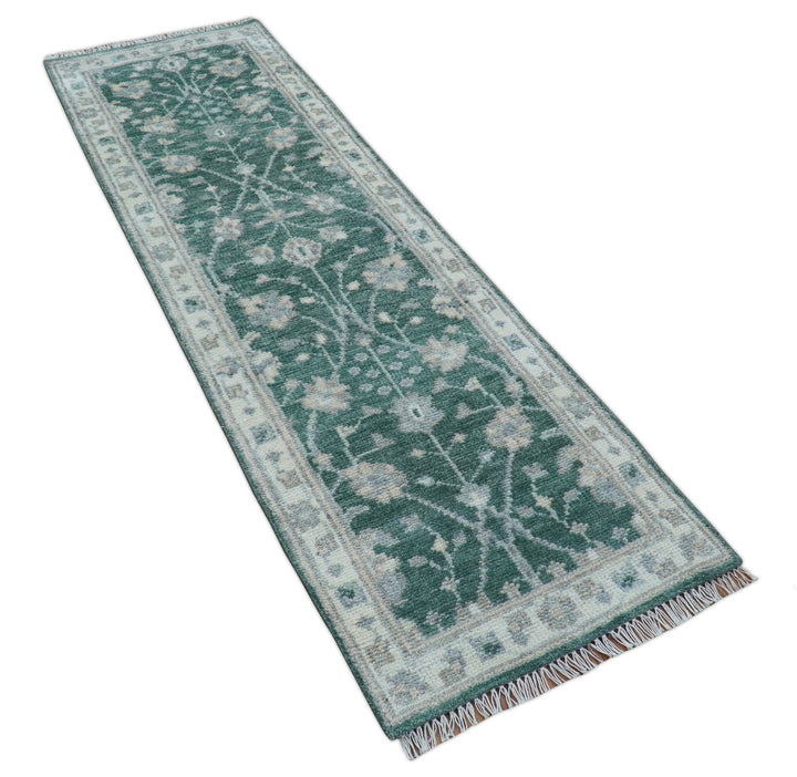 Traditional Oushak Design Teal 2.6x8.6 Hand Knotted Wool Rug - The Rug Decor