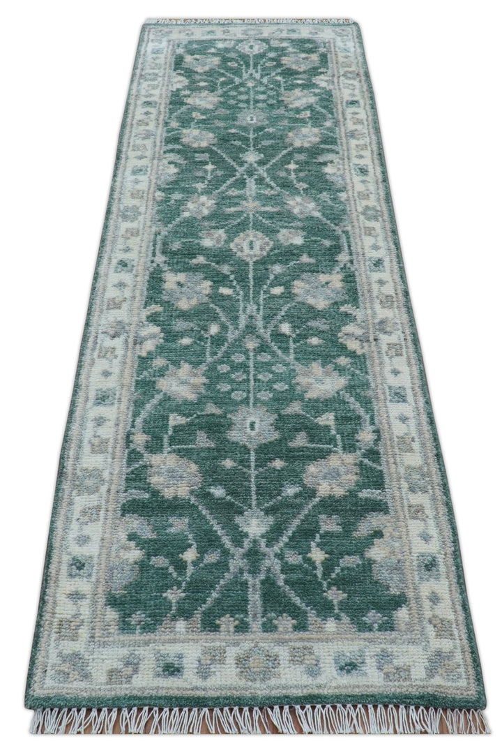 Traditional Oushak Design Teal 2.6x8.6 Hand Knotted Wool Rug - The Rug Decor