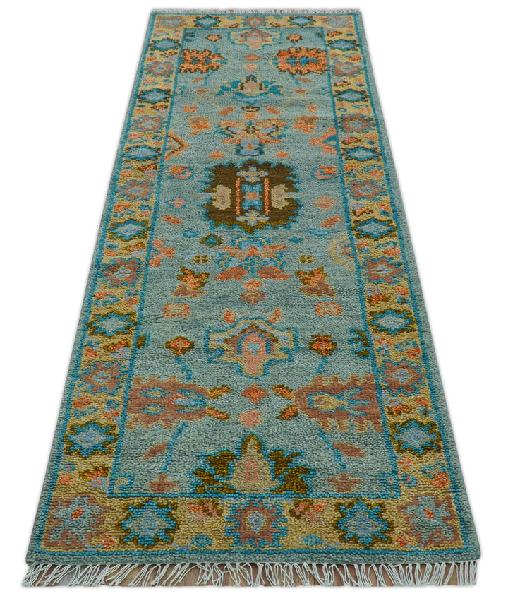 Traditional Oushak Teal And Rust Hand Knotted 2.6x8 Wool Area Rug - The Rug Decor