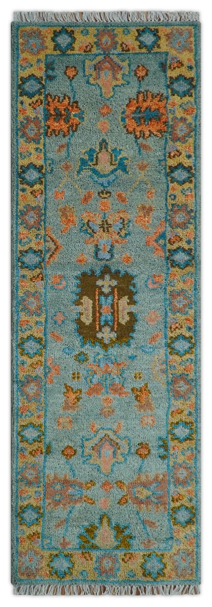 Traditional Oushak Teal And Rust Hand Knotted 2.6x8 Wool Area Rug - The Rug Decor