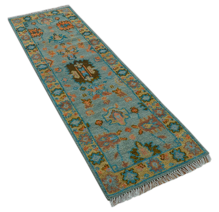 Traditional Oushak Teal And Rust Hand Knotted 2.6x8 Wool Area Rug - The Rug Decor