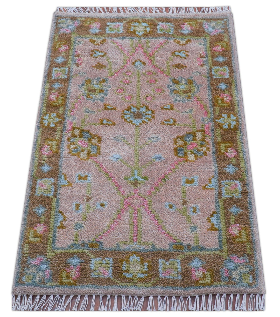 Traditional Peach And Brown Hand Knotted 2x3 Wool Rug - The Rug Decor