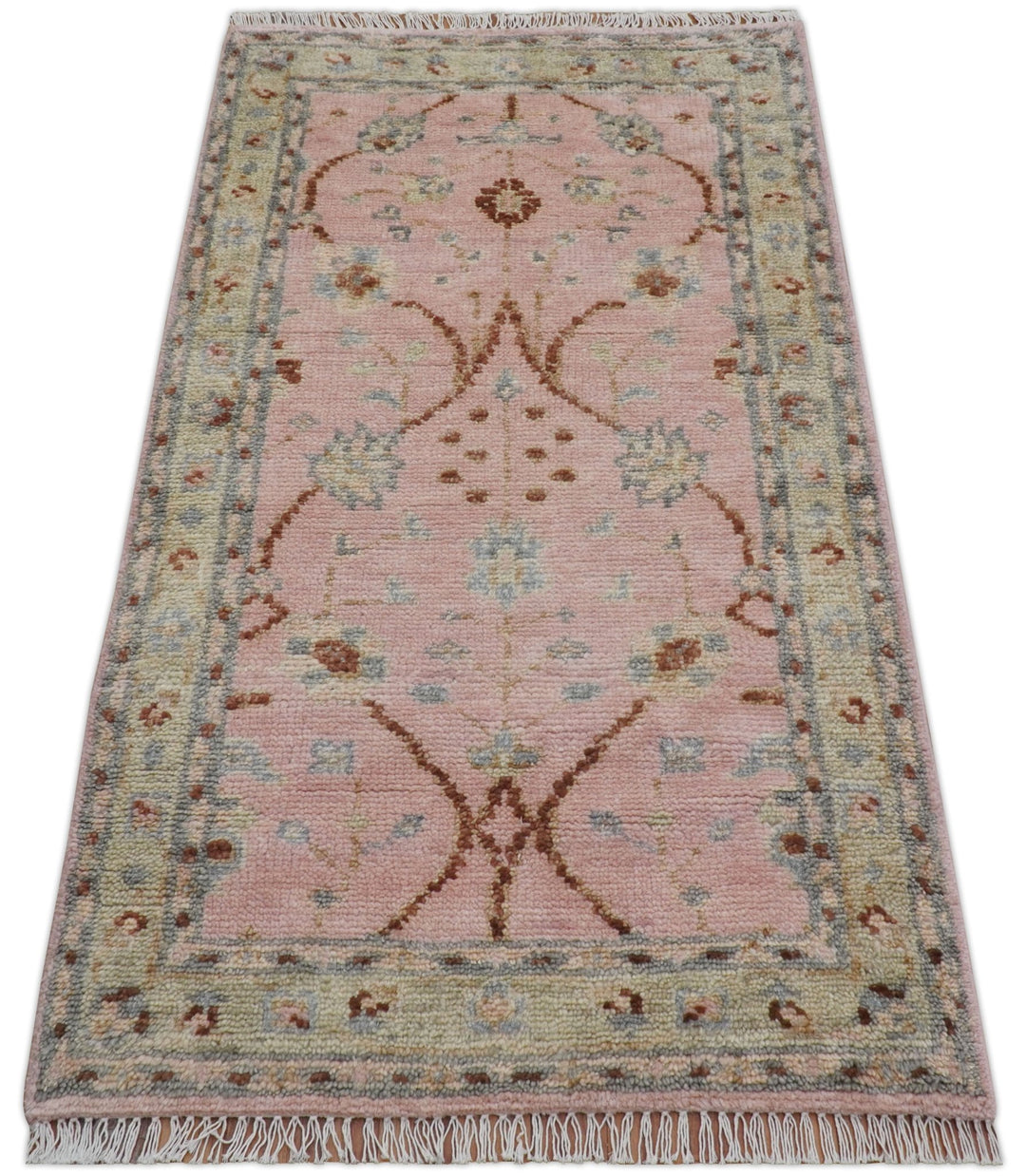Traditional Peach And Brown Hand Knotted 3x5 Wool Rug - The Rug Decor