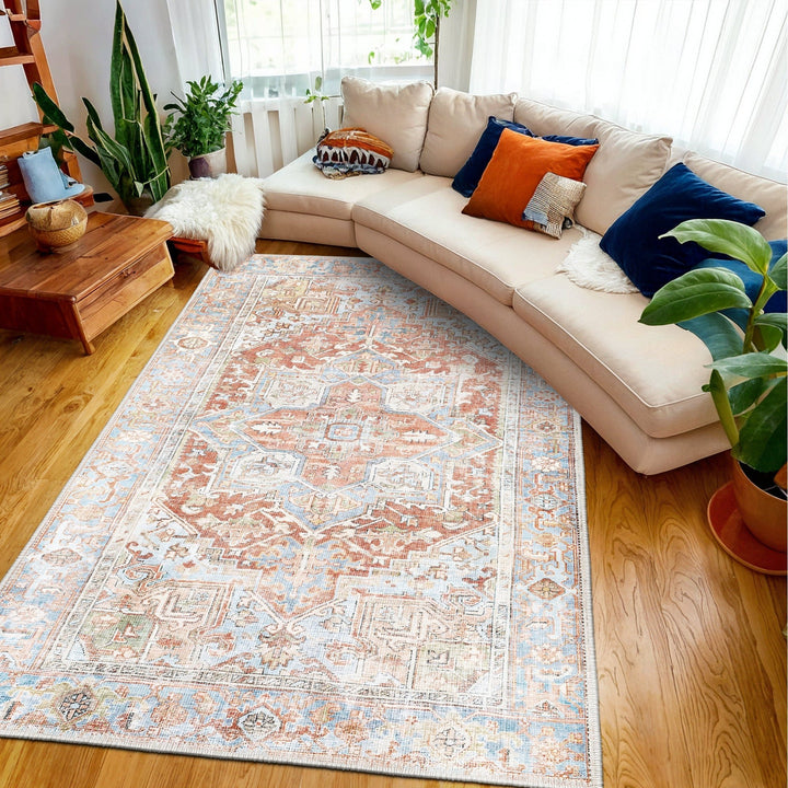 Traditional Rust And Beige Machine Washable Cotton Area Rug - The Rug Decor